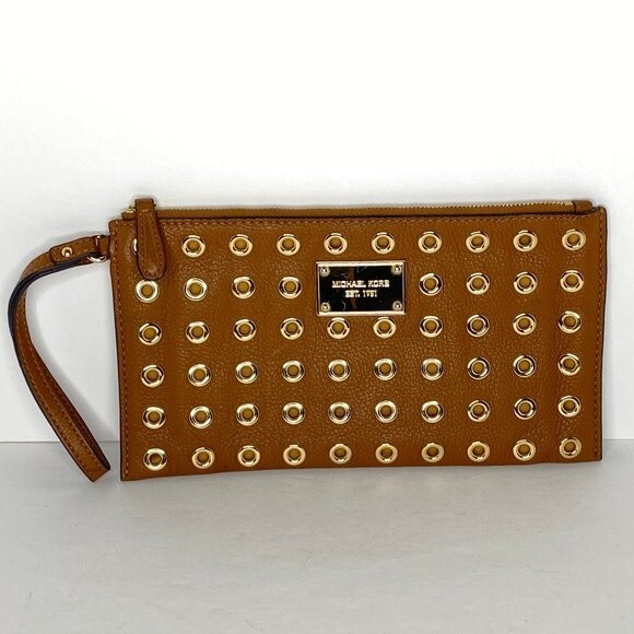 MICHAEL KORS Gold & Camel Brown Wristlet Wallet Phone Case NWOT! - Picture 1 of 5